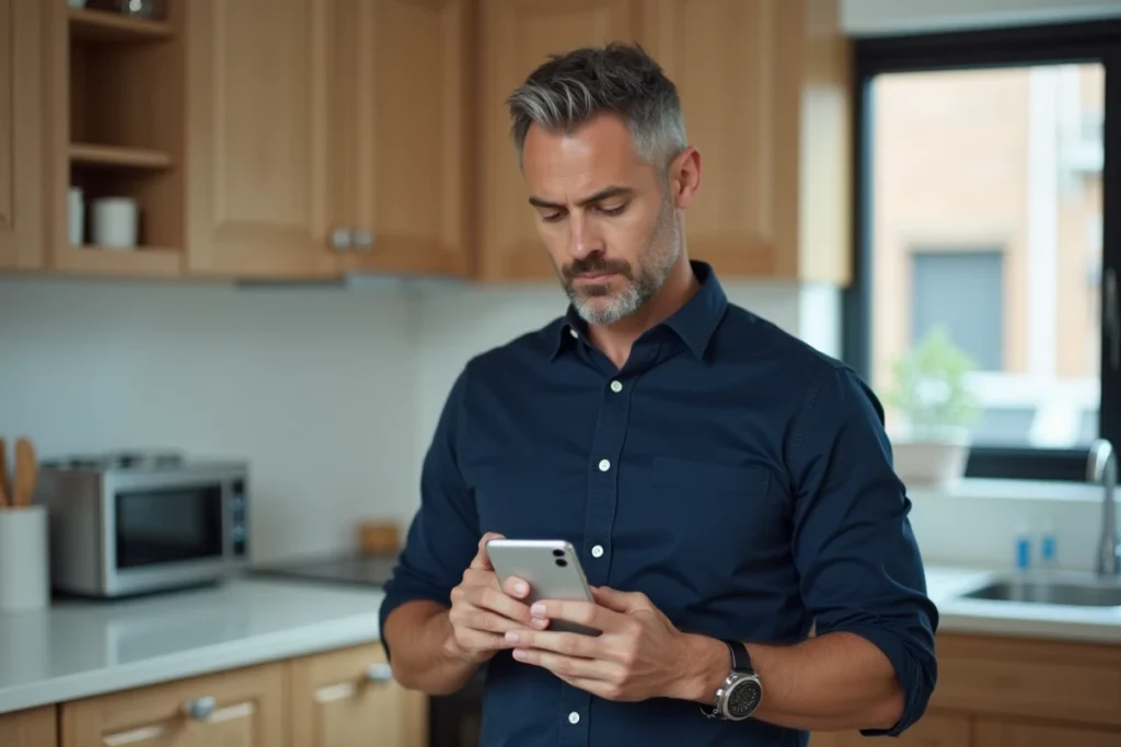 Homme activant son compte Nexity par authentification sur smartphone dans une cuisine moderne