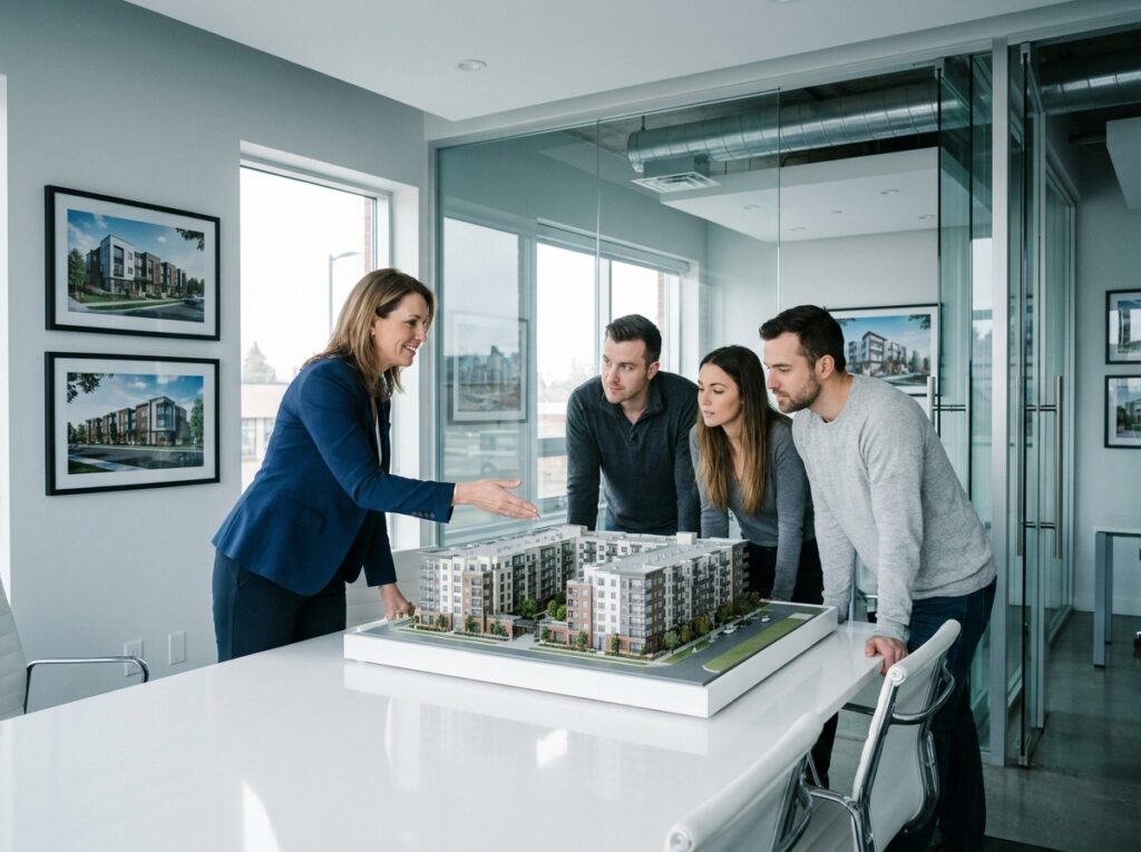 Agent immobilier présentant une maquette de programme neuf à des acheteurs potentiels dans une agence immobilière moderne et contemporaine