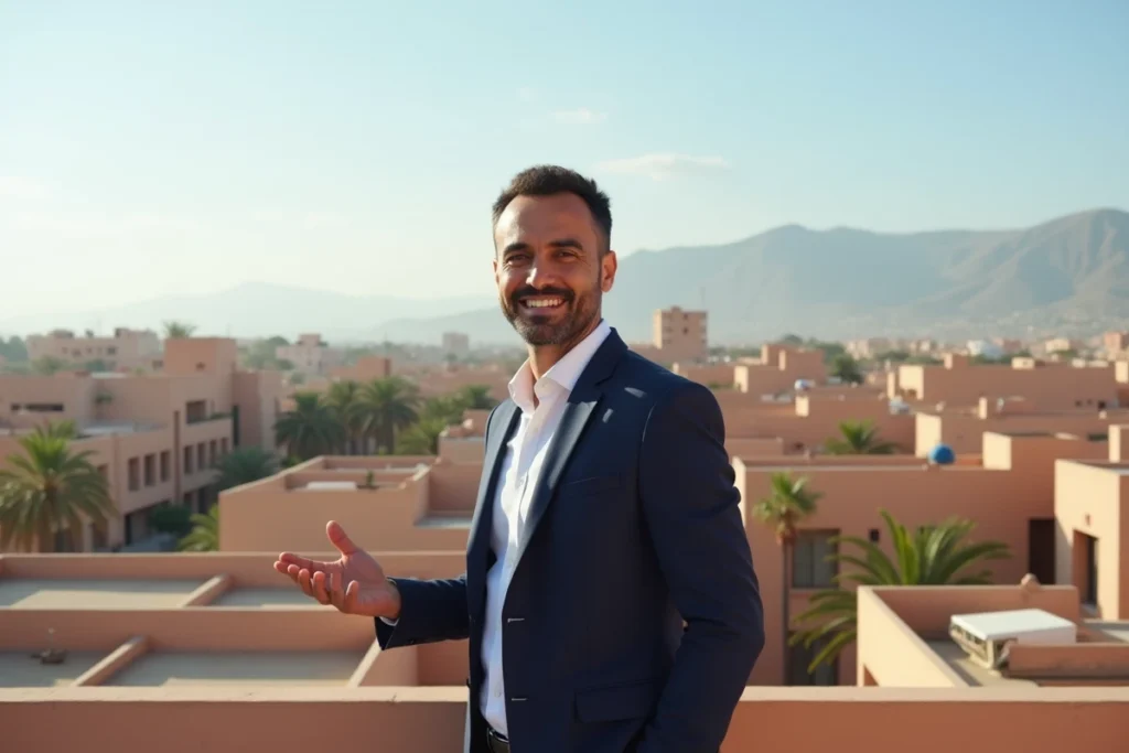 Agent immobilier marocain sur terrasse d'immeuble à Guéliz Marrakech avec vue panoramique sur la ville