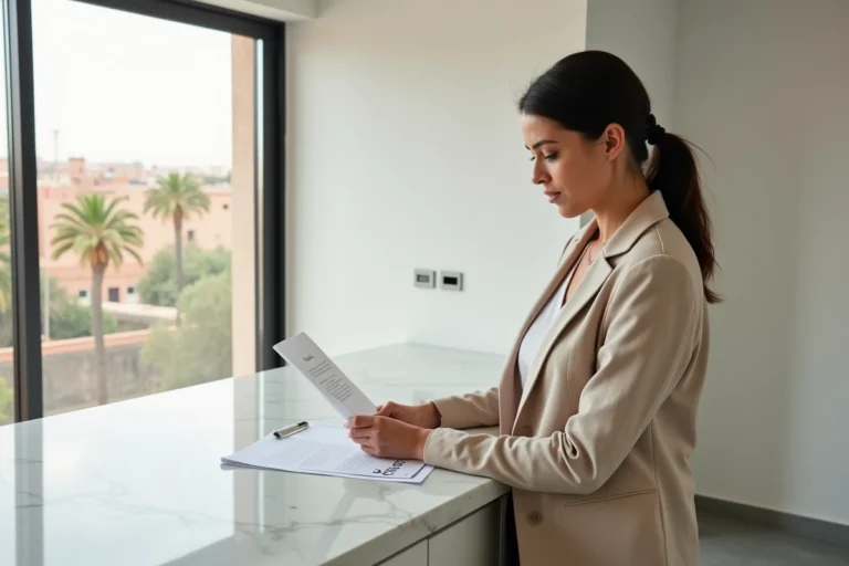 Femme marocaine consultant des documents immobiliers dans un appartement moderne à vendre à Guéliz Marrakech