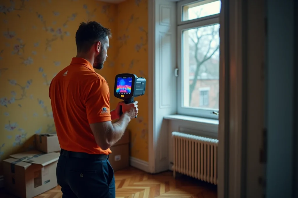 Auditeur énergétique réalisant un diagnostic thermique par caméra infrarouge dans un appartement passoire
