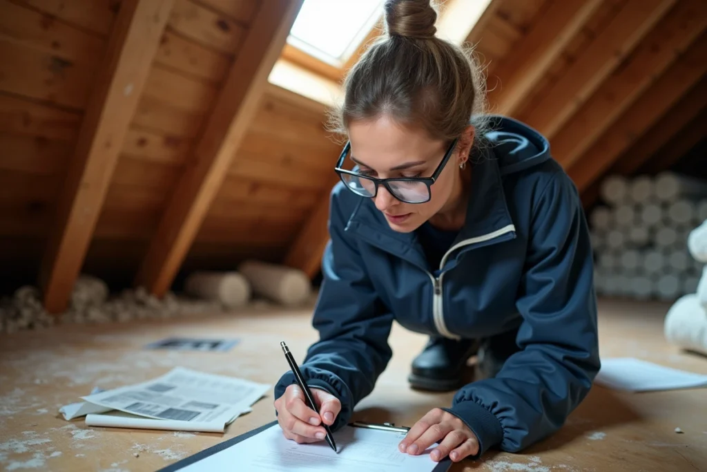 Consultante en audit énergétique inspectant l'isolation thermique dans les combles d'une maison individuelle