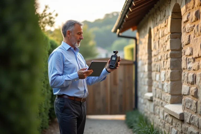 Auditeur énergétique inspectant la façade d'une maison ancienne en pierre avec une caméra thermique et une tablette numérique
