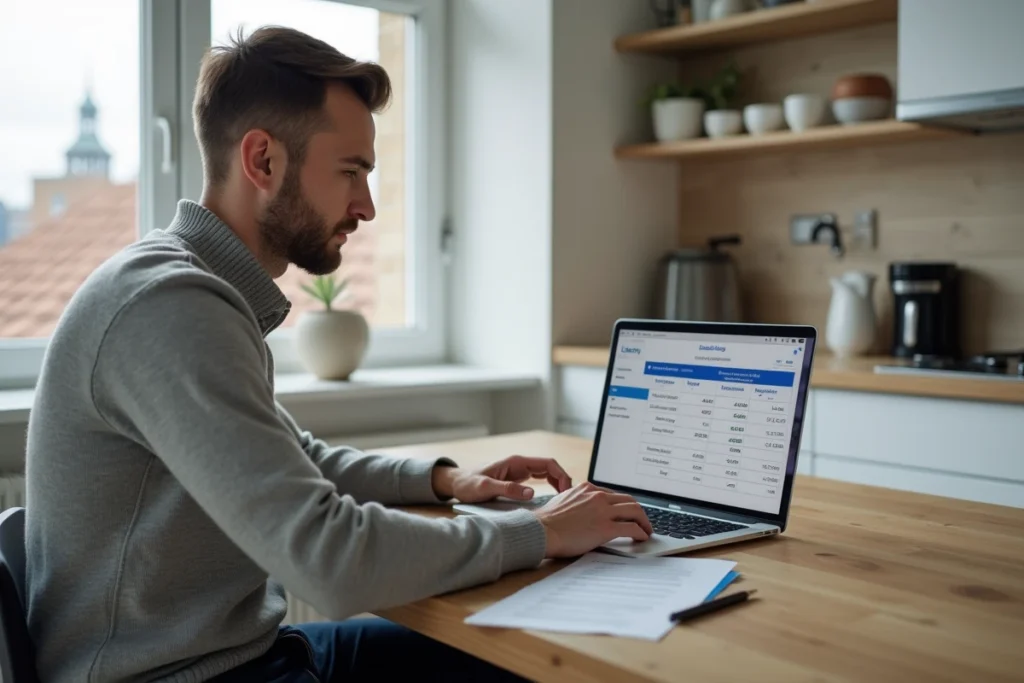 Homme calculant ses indemnités de remboursement anticipé sur un tableur à domicile pour optimiser son prêt immobilier