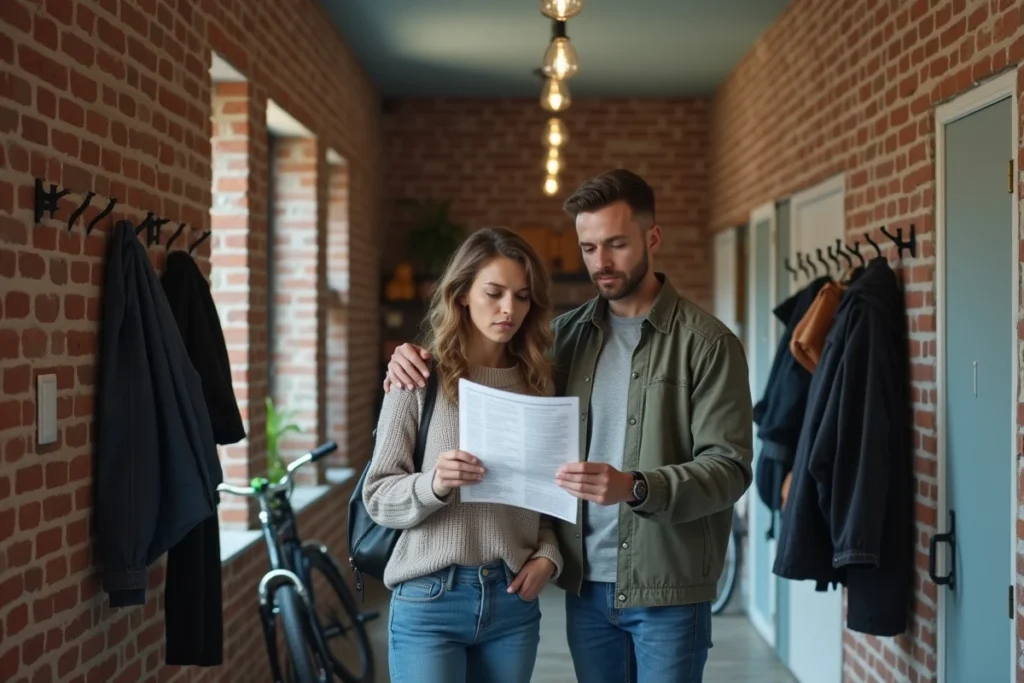 Deux colocataires discutant d'une annonce de logement partagé dans le couloir de leur appartement