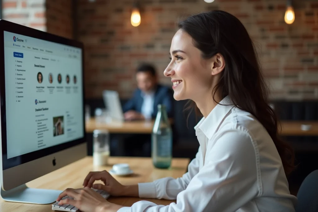 Jeune femme accédant à son espace personnel Nexity sur ordinateur dans un espace de coworking