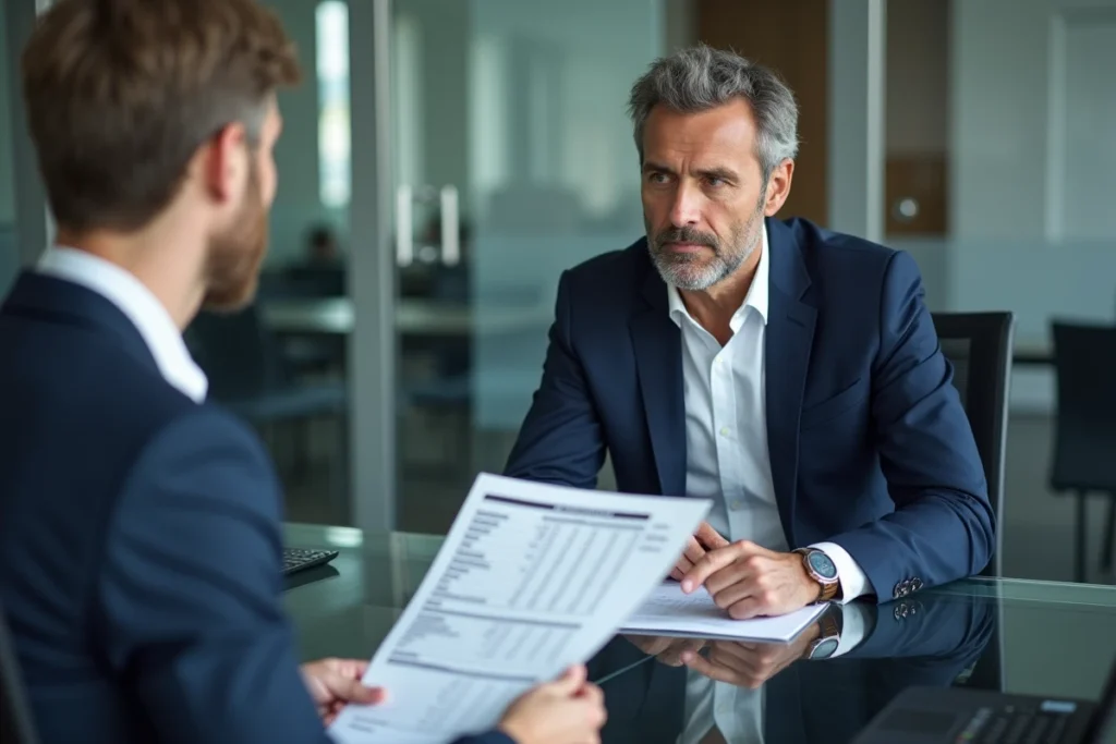 Conseiller financier présentant un baromètre des taux de crédit à un client lors d'une simulation de prêt immobilier