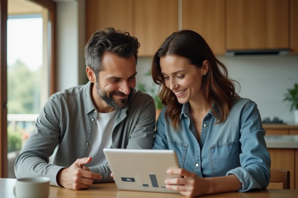 Couple comparant les taux de crédit immobilier sur une tablette dans leur cuisine pour une simulation de prêt