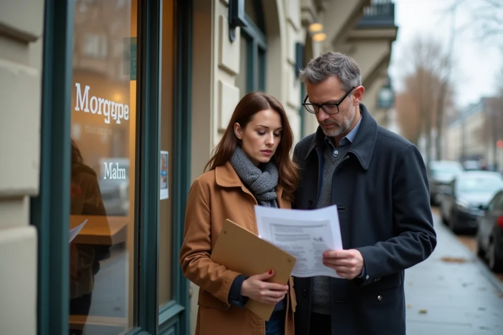 Couple discutant des nouvelles pratiques bancaires sur les IRA de prêt immobilier devant une agence bancaire parisienne