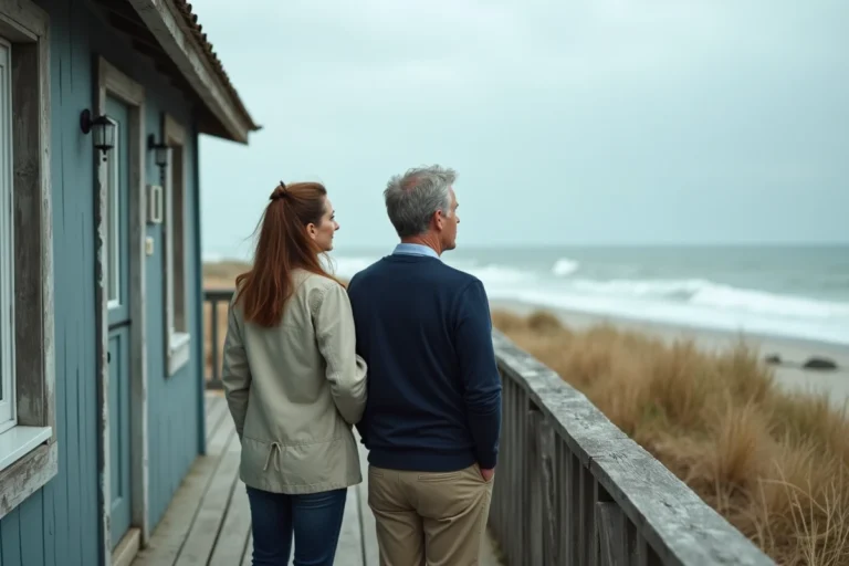 Couple devant une maison en bord de mer face aux risques climatiques