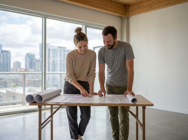 Couple de jeunes acheteurs visitant un appartement neuf avec vue sur la ville, tenant des plans architecturaux dans un logement moderne aux finitions contemporaines