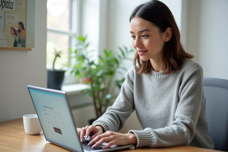 Femme créant son espace personnel Nexity sur un ordinateur portable depuis son bureau à domicile
