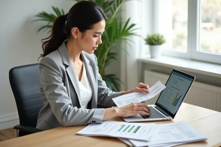 Femme consultant une simulation de crédit immobilier sur ordinateur portable avec des graphiques de taux sur son bureau