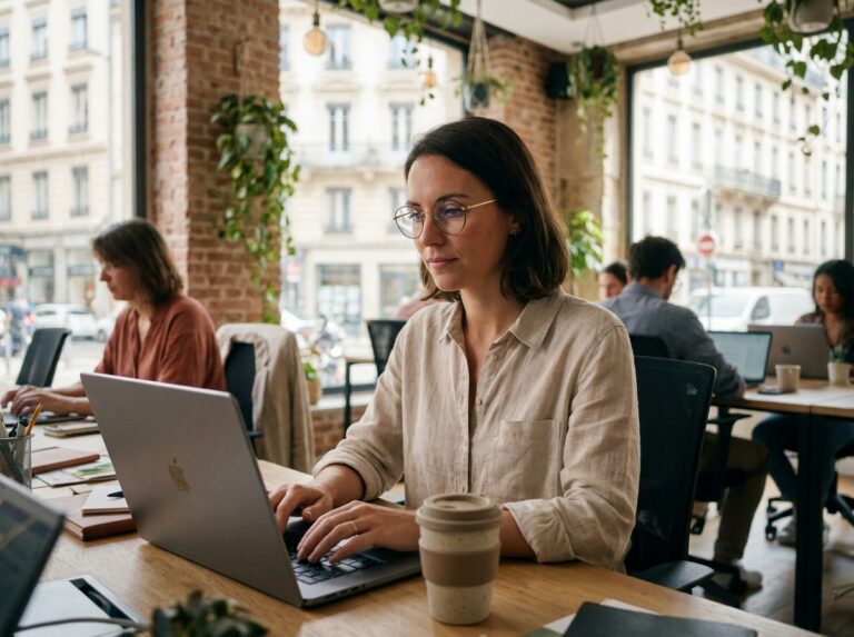 Freelance travaillant dans un espace de coworking à Lyon avec vue sur architecture haussmannienne