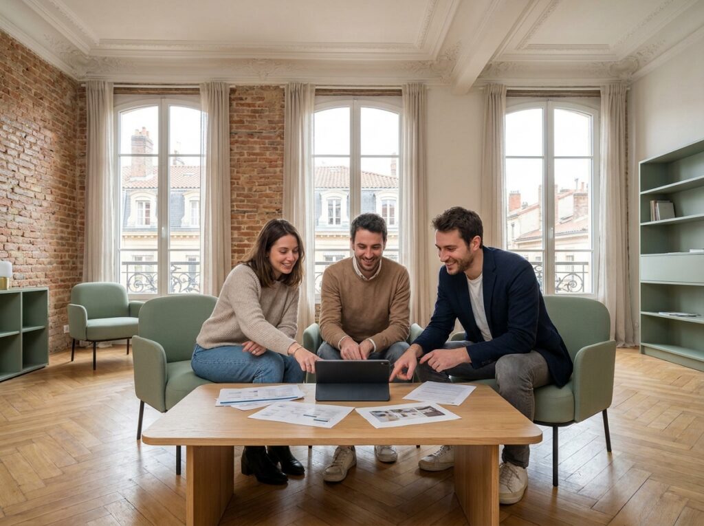 Groupe de freelances collaborant dans un appartement partagé avec vue sur les toits de la Croix-Rousse à Lyon
