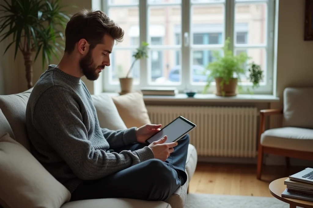 Homme consultant des annonces de colocation sur une tablette dans un salon de logement partagé