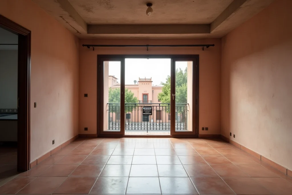 Vue intérieure grand angle d'un appartement vide à vendre à Guéliz Marrakech avec balcon sur boulevard