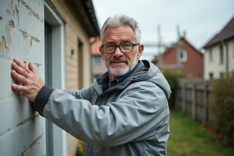 Artisan inspectant l'isolation thermique extérieure d'une maison française en rénovation énergétique
