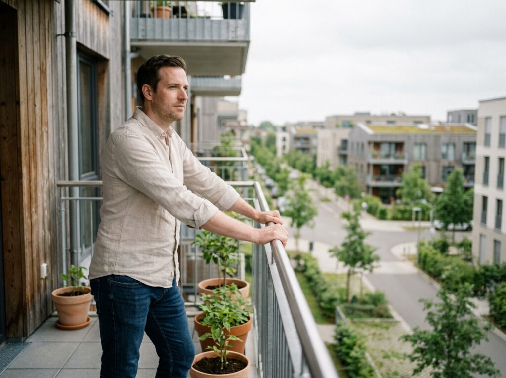 Propriétaire sur le balcon de son appartement neuf contemplant un quartier résidentiel moderne et verdoyant livré dans le cadre d'un programme immobilier neuf