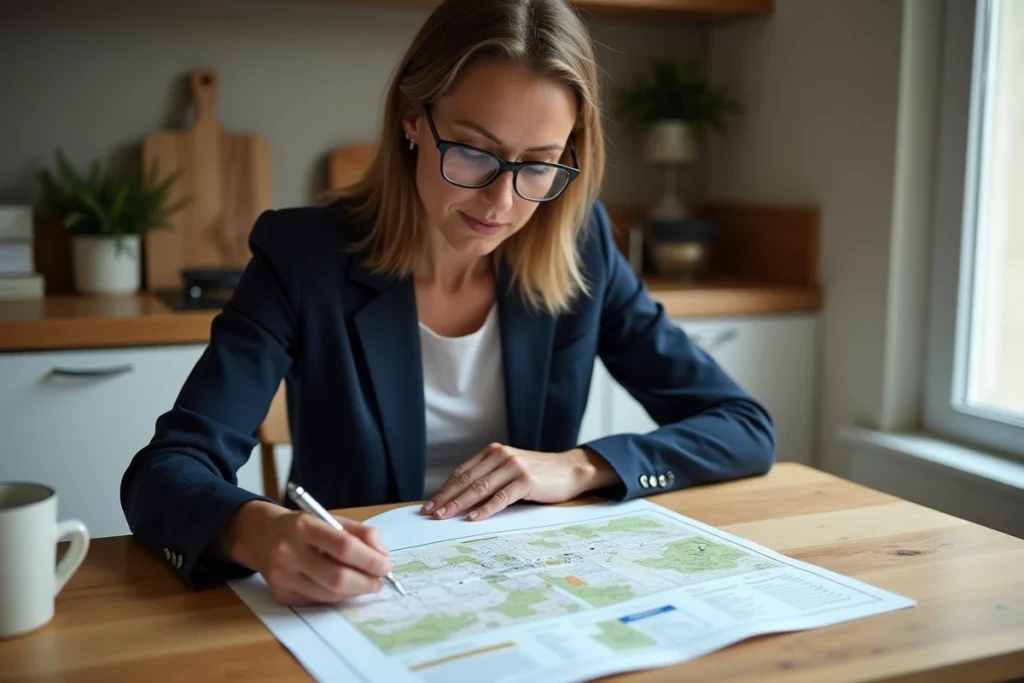 Femme consultant un plan cadastral pour identifier le propriétaire d'une parcelle en litige