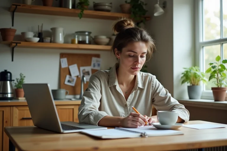 Femme rédigeant une annonce de colocation sur son ordinateur portable dans une cuisine partagée chaleureuse