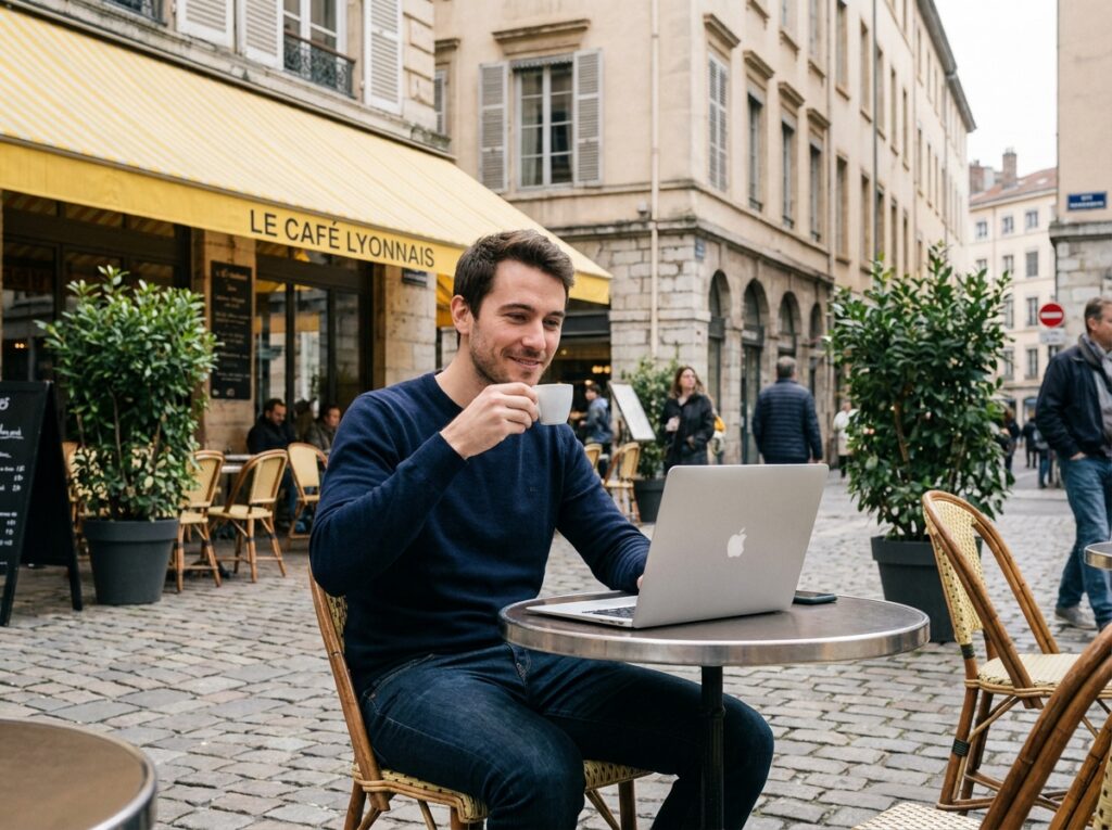 Télétravailleur en terrasse de café lyonnais dans le quartier Presqu'île avec ordinateur portable