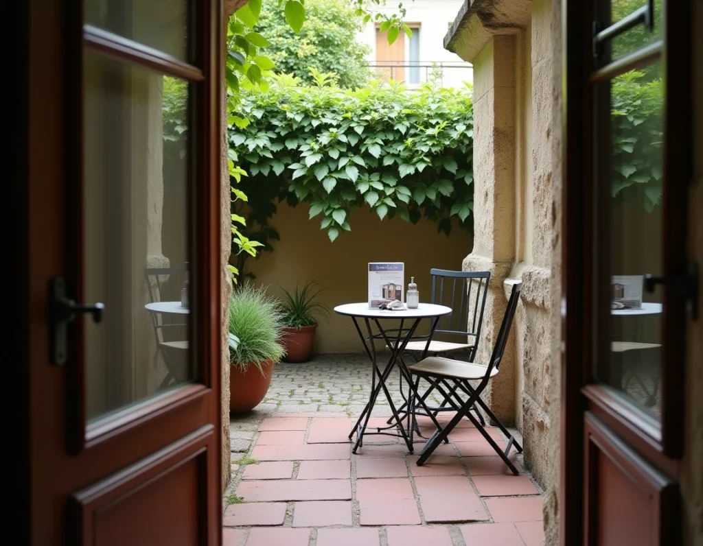 Terrasse d'appartement parisien dans le Marais avec cour intérieure et documents de visite immobilière
