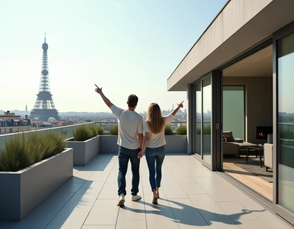 Couple visitant une terrasse rooftop d'appartement parisien moderne avec vue sur la Tour Eiffel