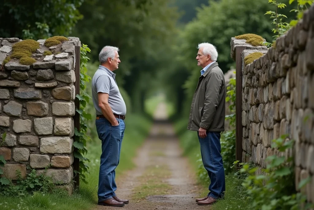 Deux voisins de part et d'autre d'un vieux mur en pierre symbolisant un litige de clôture en milieu rural