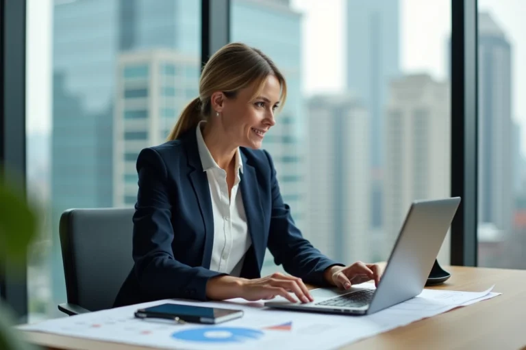 Agent immobilière analysant des données d'estimation immobilière sur un ordinateur portable dans un bureau moderne avec vue sur la ville