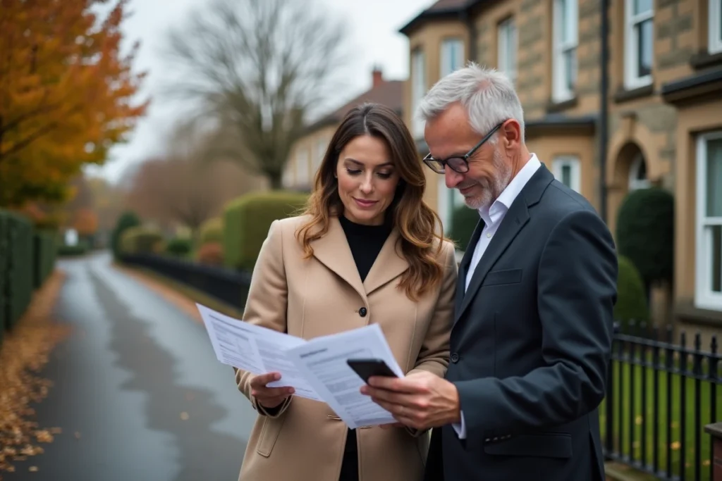 Deux agents immobiliers consultant un rapport d'estimation devant une maison individuelle en banlieue résidentielle