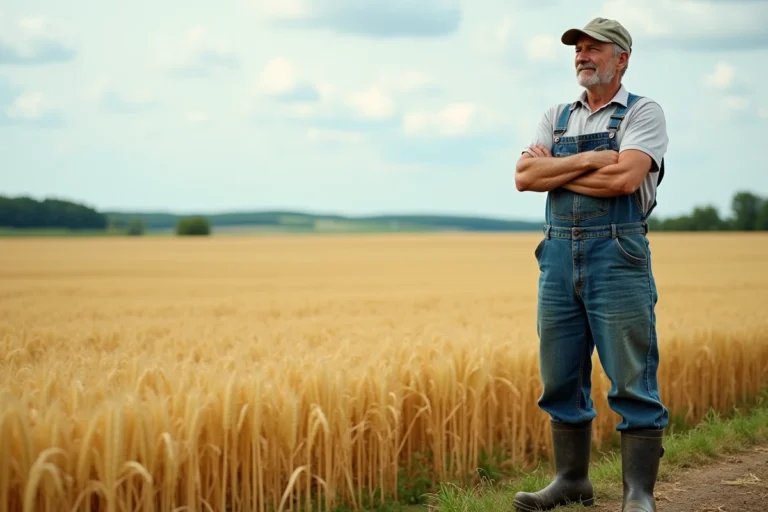 Agriculteur debout en bordure d'un vaste champ de blé de 50 hectares dans la campagne française en été