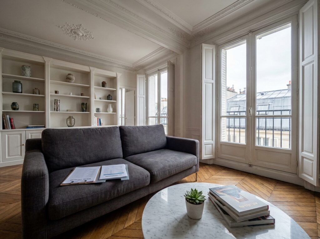 Appartement meublé parisien prêt à la location avec documents fiscaux posés sur le canapé