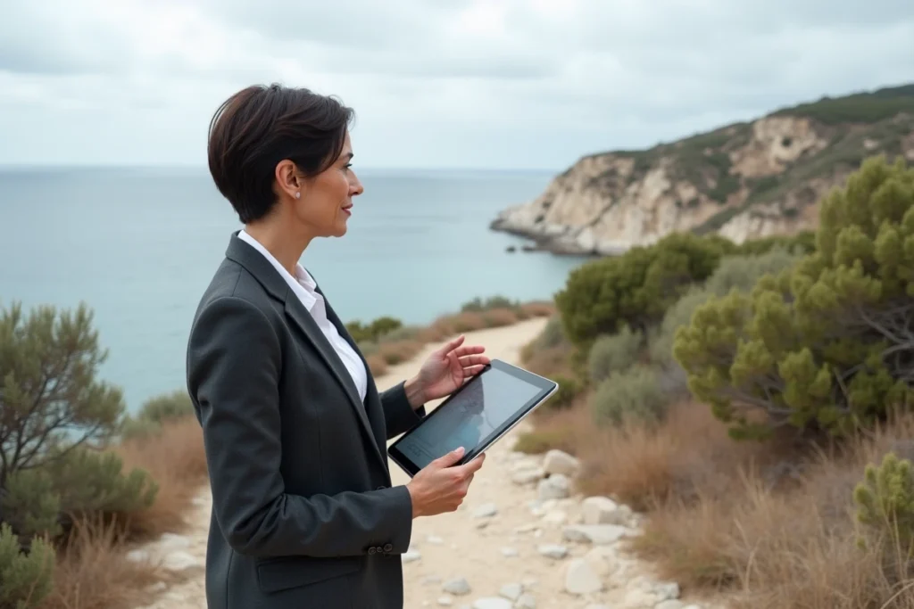 Architecte féminine analysant un plan de construction sur tablette face au littoral méditerranéen