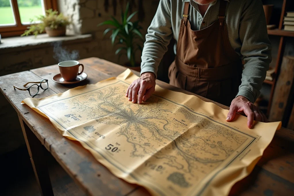 Agriculteur examinant une carte parcellaire d'exploitation de 50 hectares sur une table en bois dans une ferme française