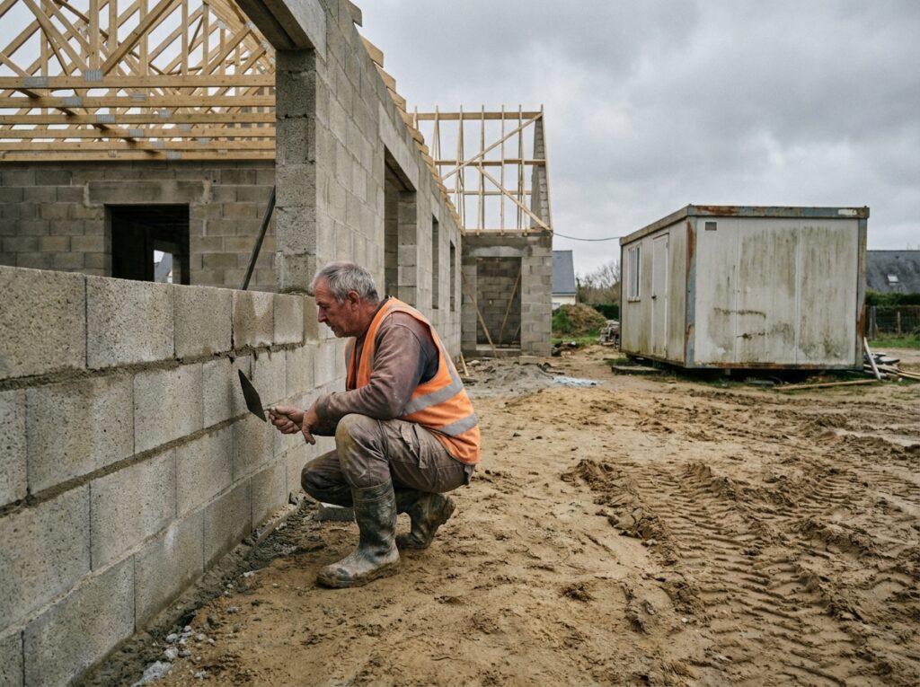 Maçon breton inspectant les murs en parpaings d'une maison individuelle en construction dans le Morbihan, Bretagne