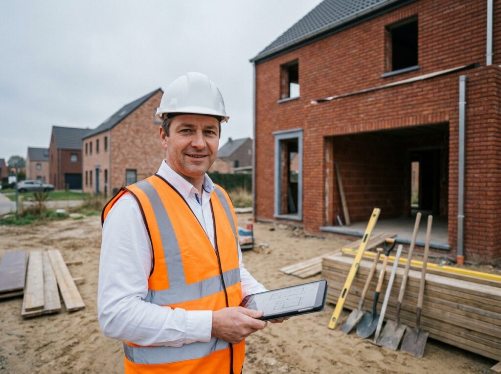 Chef de chantier belge en gilet de sécurité devant une maison en construction en briques rouges dans un quartier résidentiel wallon