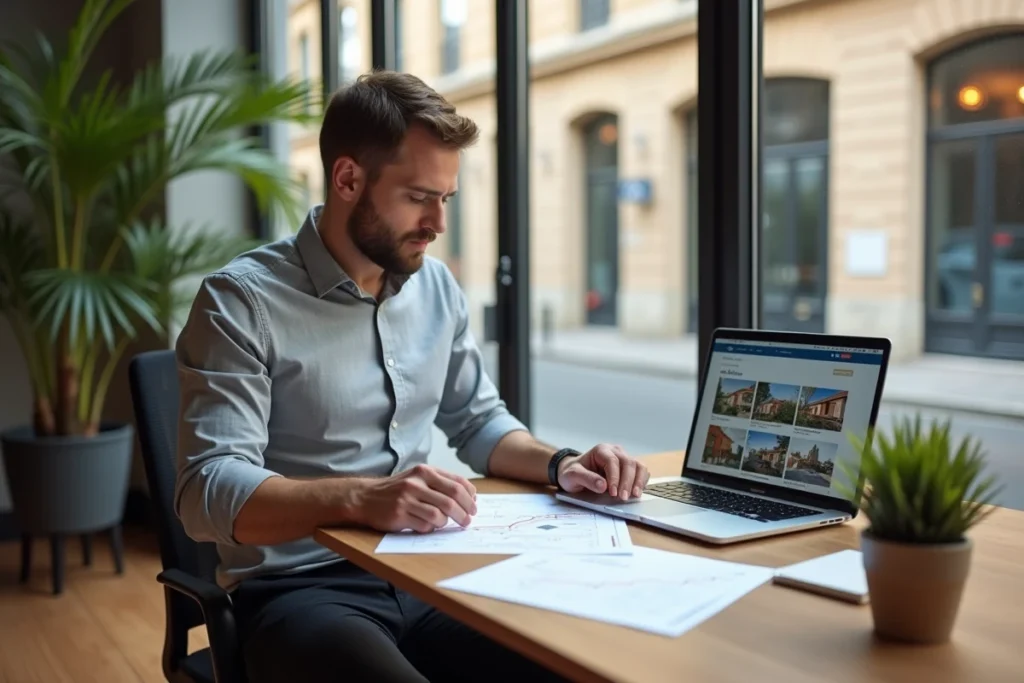 Conseiller en investissement immobilier analysant des documents dans une agence moderne à Toulouse