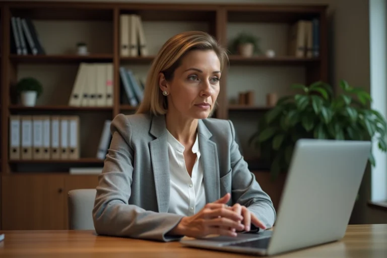 Femme consultant un notaire en ligne depuis son bureau à domicile lors d'une visioconférence professionnelle