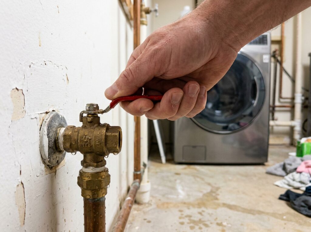 Main coupant le robinet d'arrêt général de l'eau pour stopper une fuite dans la maison