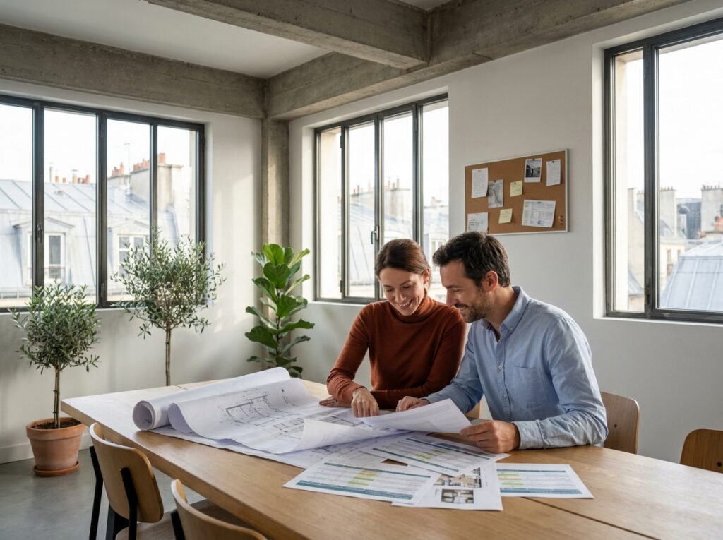 Couple parisien analysant des plans et comparatifs immobiliers dans un loft contemporain, recherche appartement Paris accélérée