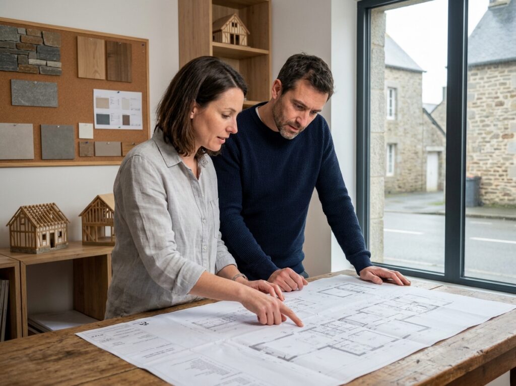 Couple breton étudiant les plans de leur future maison neuve dans un bureau de constructeur à Rennes, Bretagne