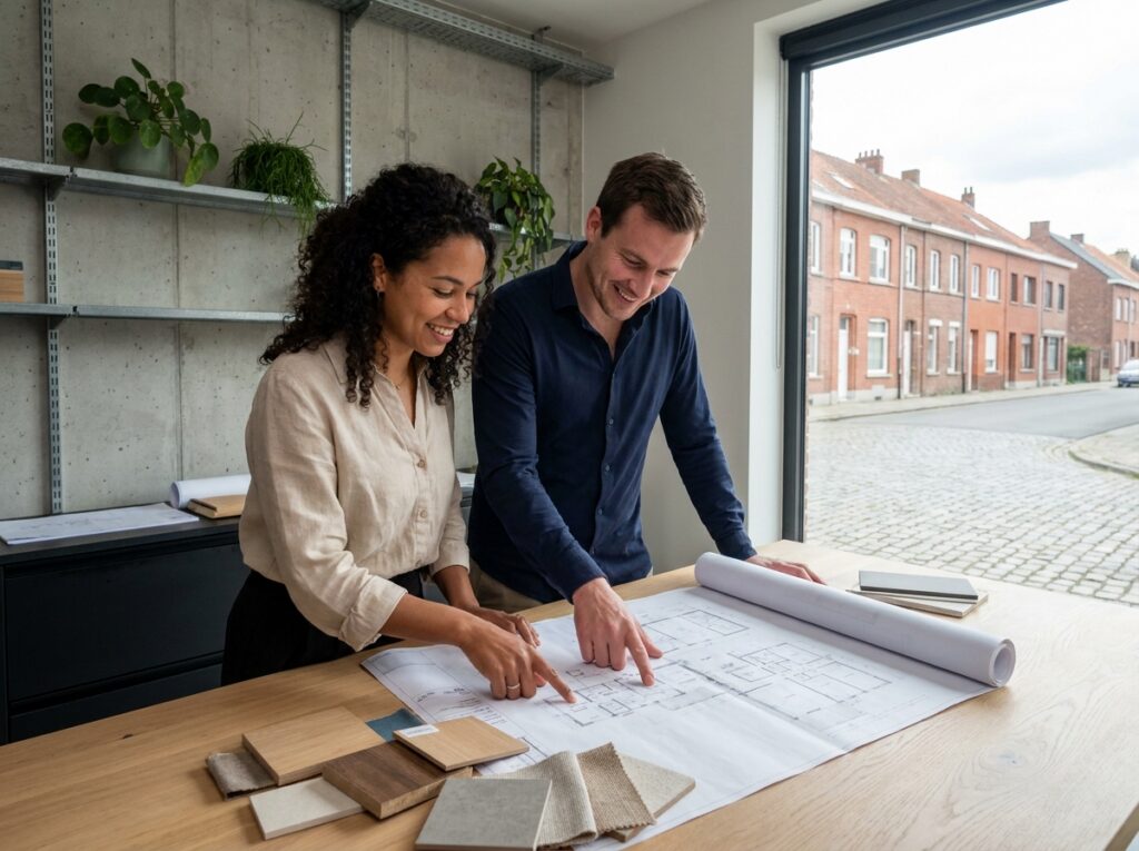 Couple belge en consultation avec un constructeur, étudiant les plans de leur future maison sur une table en bois dans un bureau moderne