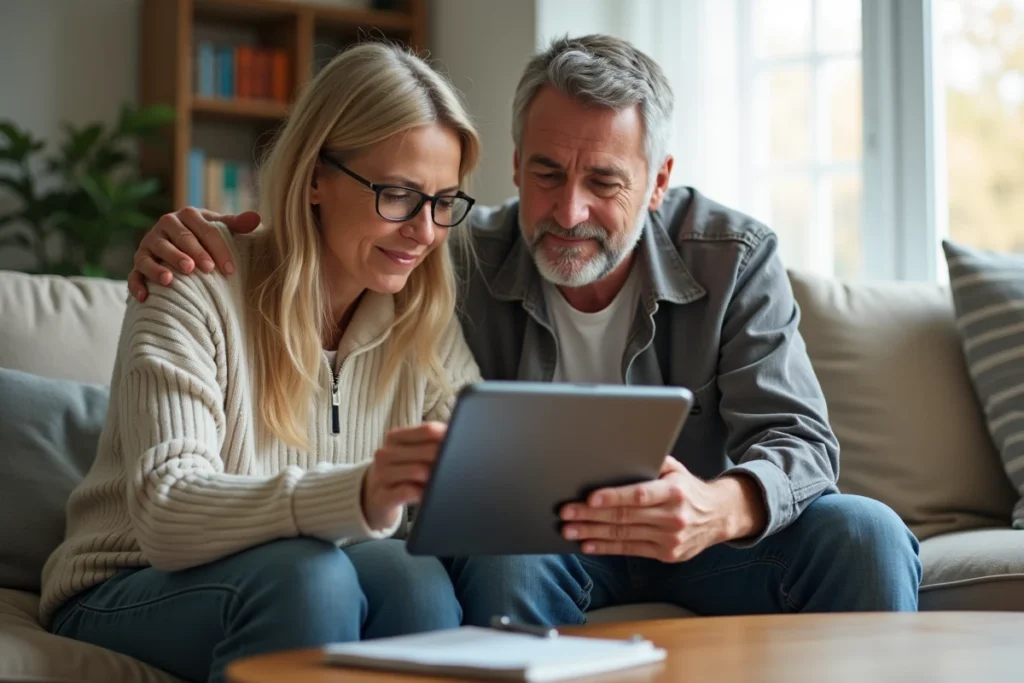 Couple consultant un notaire en ligne depuis leur salon sur une tablette numérique pour des questions juridiques