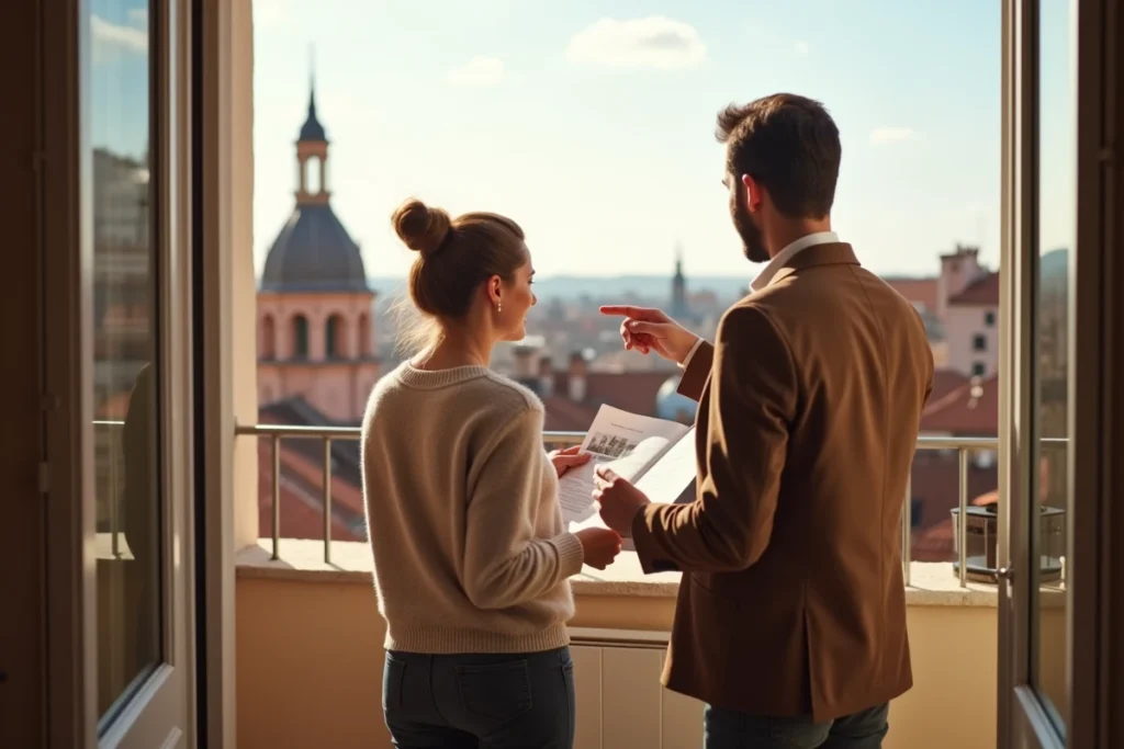 Couple d'investisseurs sur un balcon avec vue sur les toits de Toulouse lors d'une visite immobilière