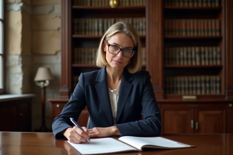 Femme d'affaires examinant des documents juridiques dans un bureau de notaire pour la création d'une SCI familiale