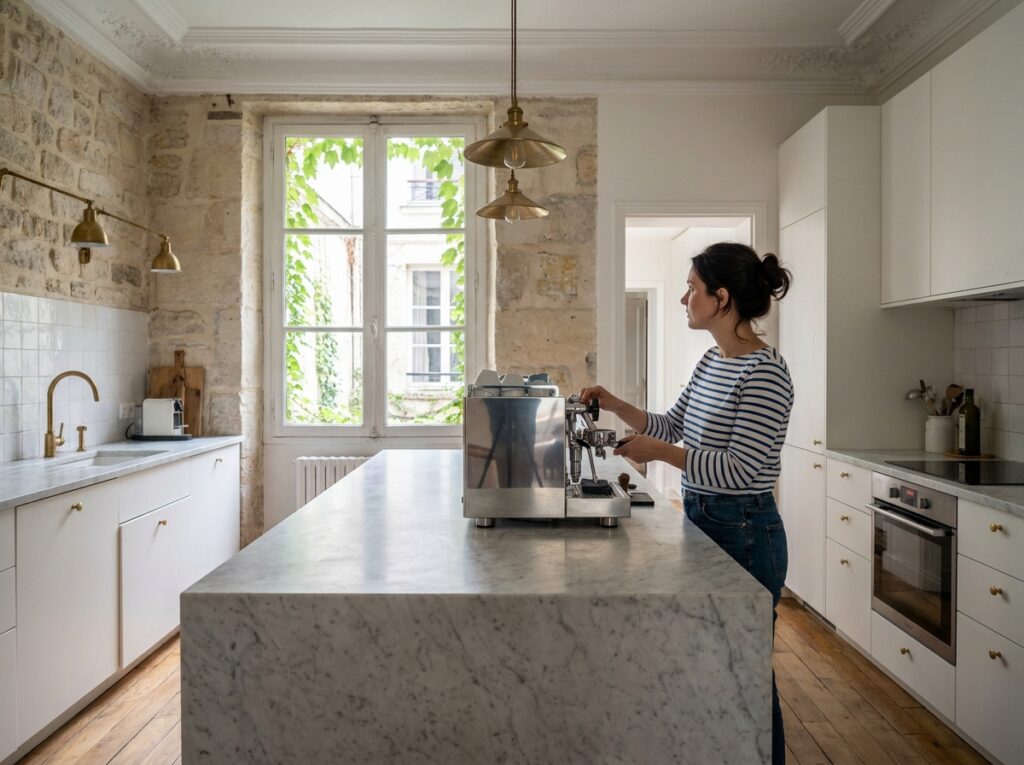 Cuisine rénovée dans un appartement haussmannien à Paris alliant moulures d'époque, îlot en marbre et équipements modernes haut de gamme