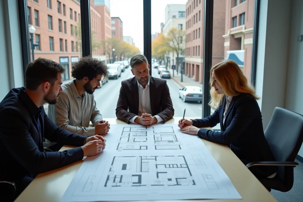 Équipe professionnelle analysant un plan d'implantation dans un bureau moderne donnant sur une avenue industrielle urbaine