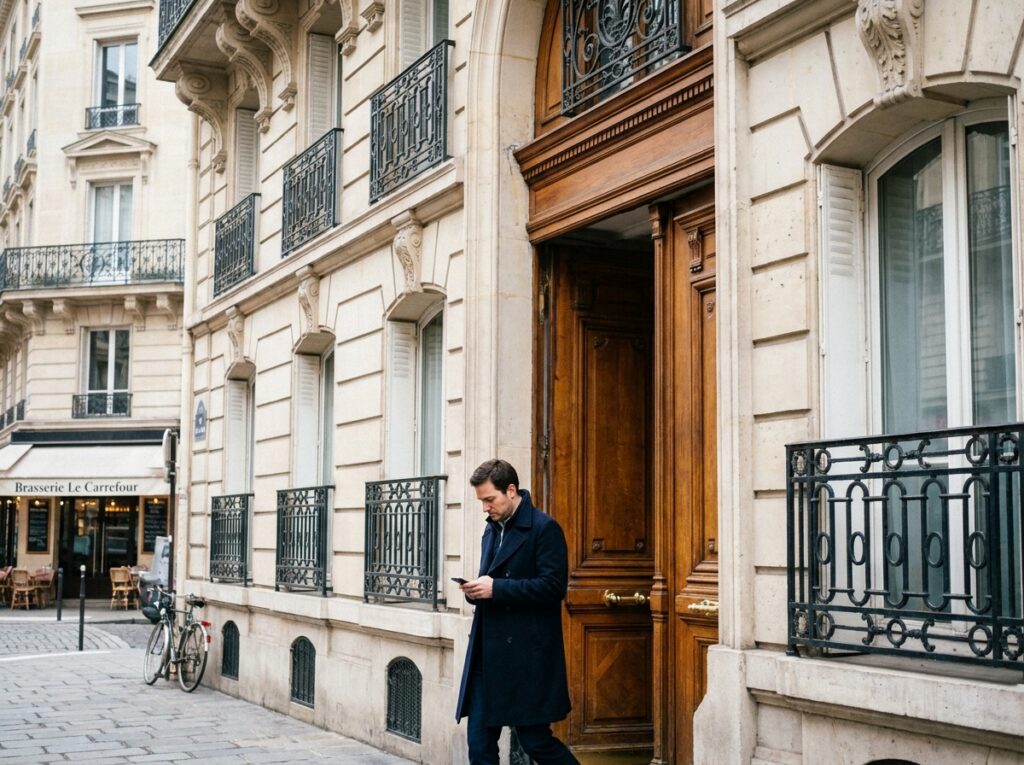 Façade haussmannienne typique du 9e arrondissement de Paris avec balcons en fer forgé, pierre de taille et porte cochère en bois massif