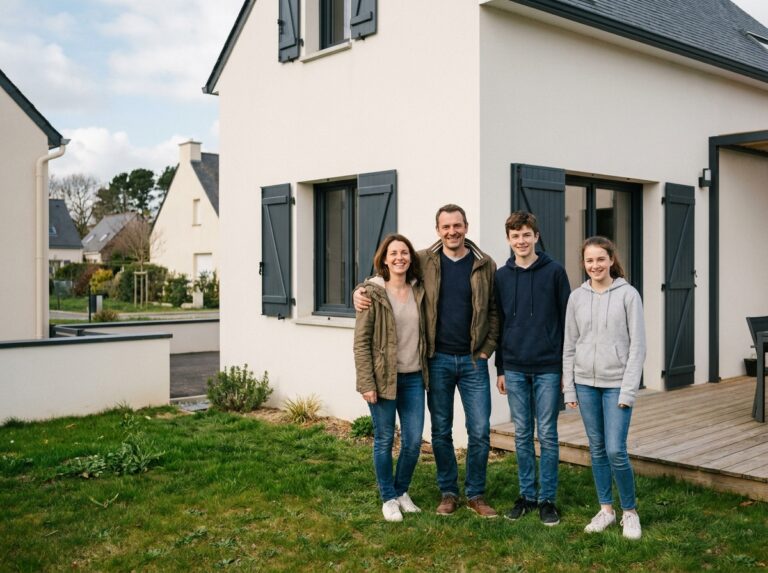 Famille bretonne devant leur maison neuve en Finistère, souriant fièrement sur le seuil d'un pavillon moderne aux volets gris ardoise